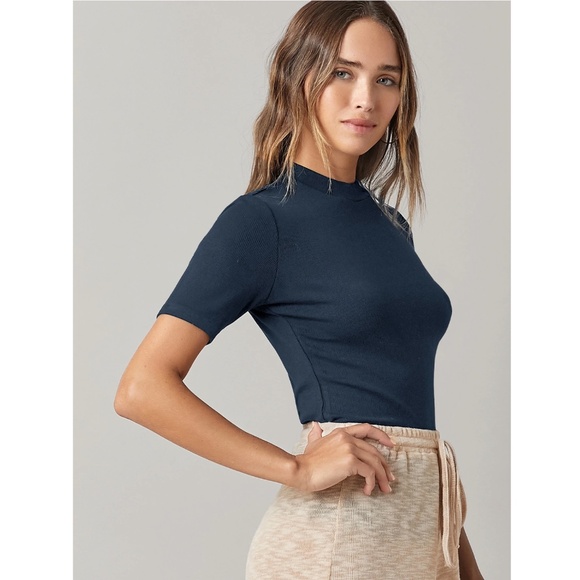 Blue Rib-Knit High Neck Short Sleeve Slim Fit Top Shirt - Picture 2 of 5